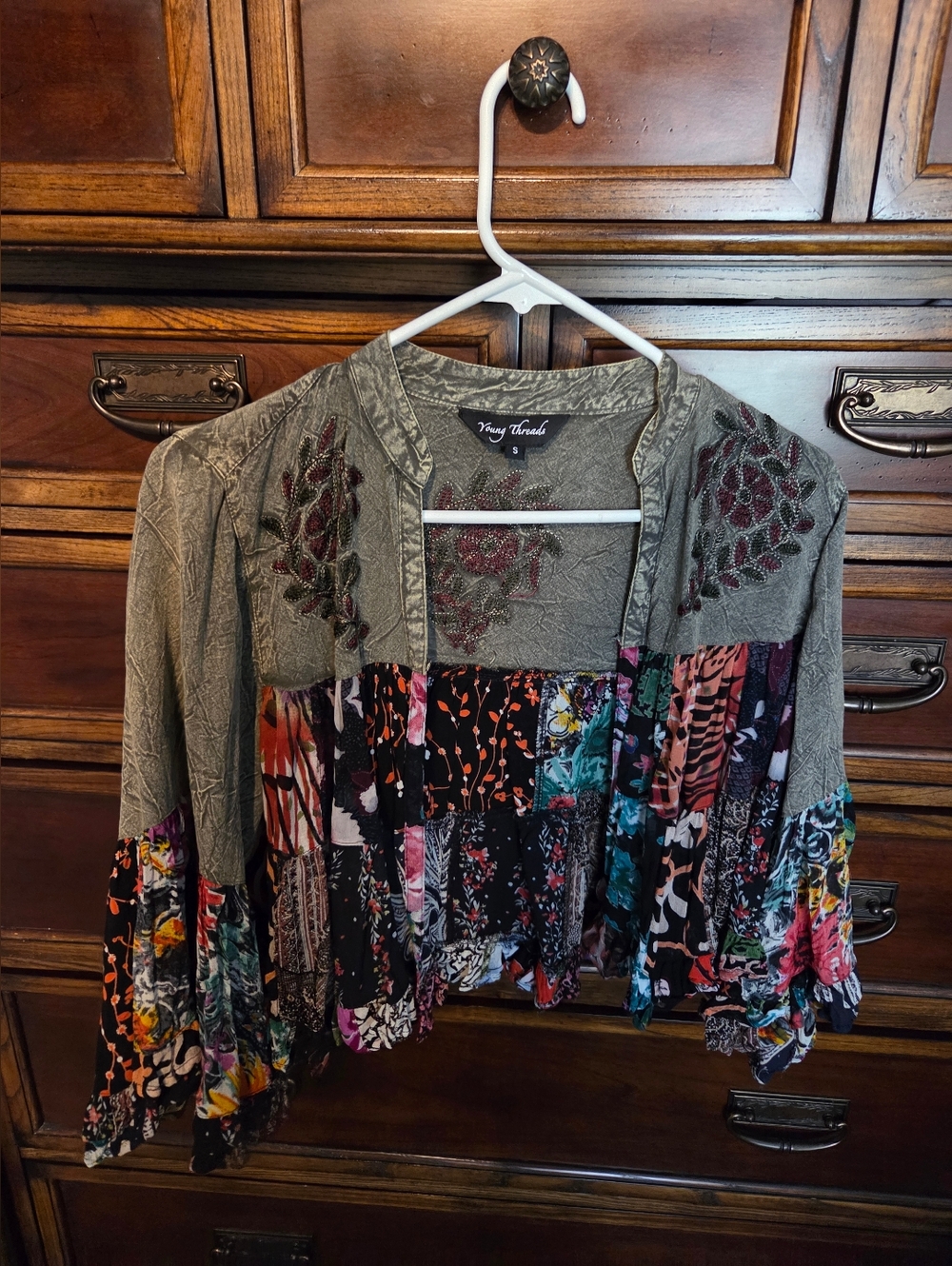 Young Threads Olive Mixed-Print Boho Shrug - Size S